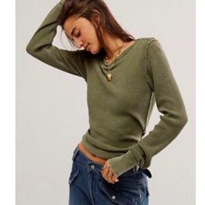 We The Free Olive Green Waffle Knit Long Sleeve Top